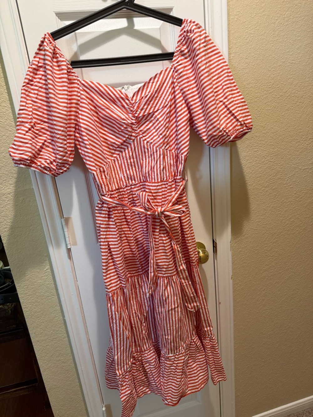 Glamorous Burnt Orange& White Striped Off-Shoulder Midi Dress